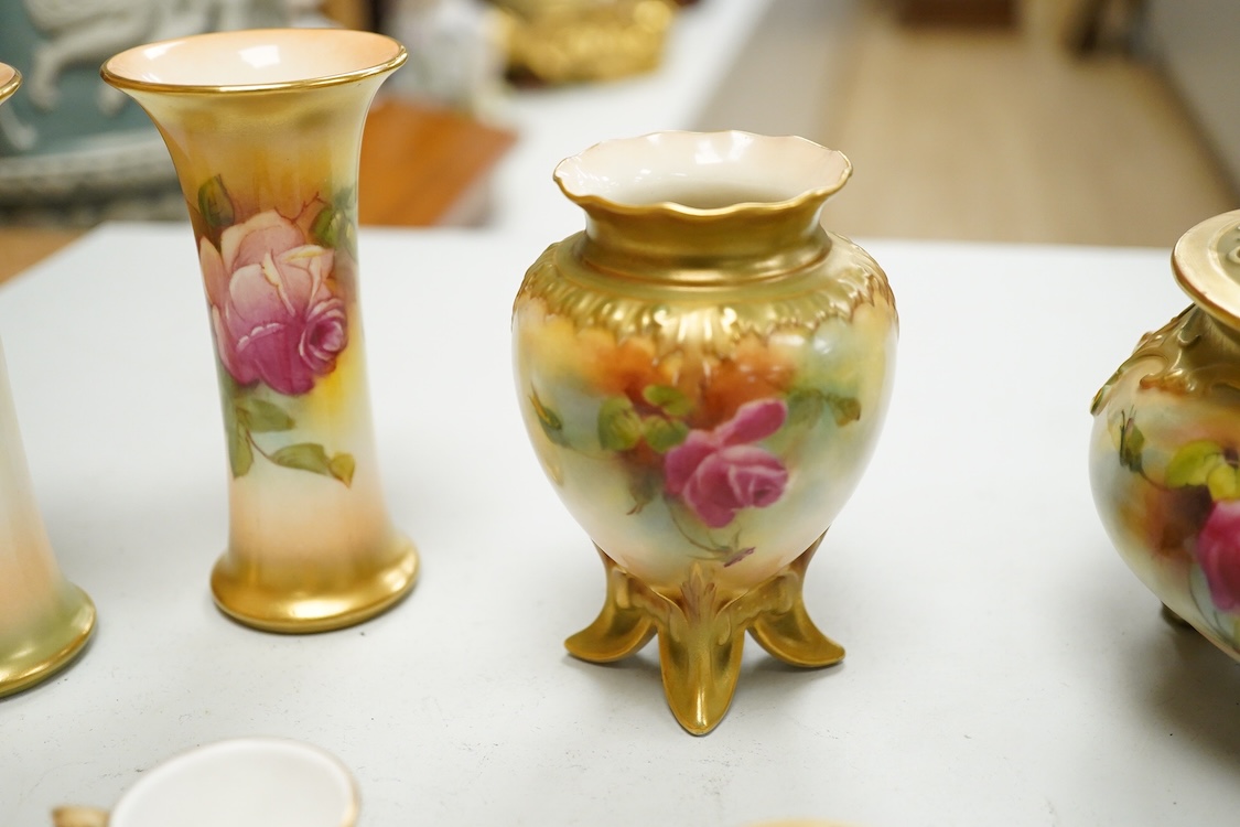 A group of Royal Worcester flower painted porcelain to include a pair vases signed M Hunt and a potpourri, largest 11cm high